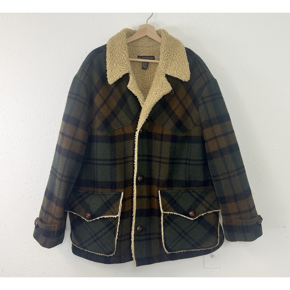 VTG Banana Republic Coat Plaid Wool Sherpa  Field Overcoat Chore Jacket L